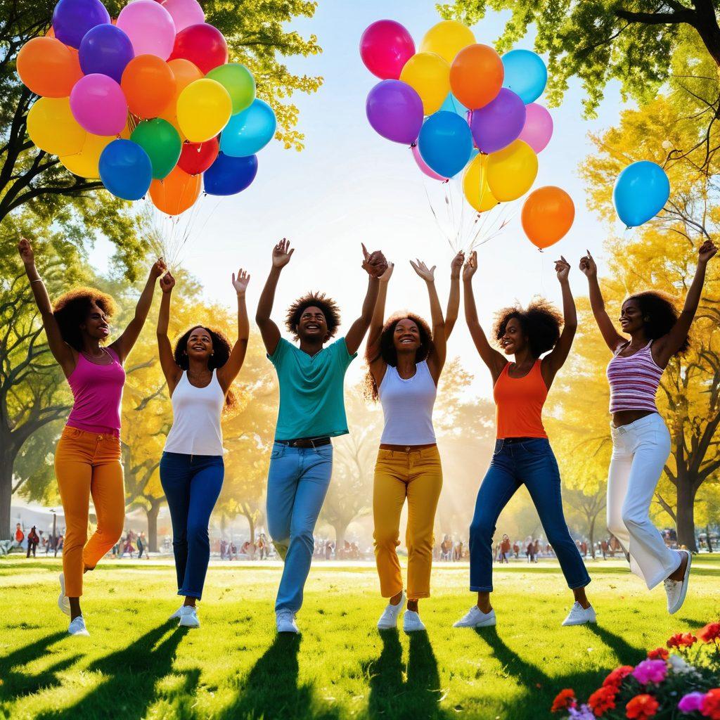A vibrant scene depicting a diverse group of people engaged in joyful activities such as dancing, meditating, and sharing laughter in a sunlit park. The background features colorful balloons and flowers symbolizing positivity and happiness. Incorporate various elements like musical notes and rays of sunshine to convey uplifting energy. Bright and cheerful colors should dominate the image, encapsulating the essence of 'positive vibes'. super-realistic. vibrant colors. white background.