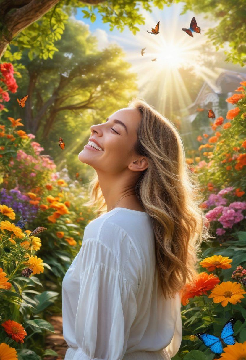 A serene landscape featuring Alicia, a joyful woman with a warm smile, surrounded by blooming flowers and greenery, engaging in mindful gardening. Bright sunlight filters through the trees, casting a golden glow, while birds sing in the background. Include elements of positivity like colorful butterflies and motivational quotes in the clouds above. The overall atmosphere should evoke peace and elation. vibrant colors, super-realistic, nature-inspired.