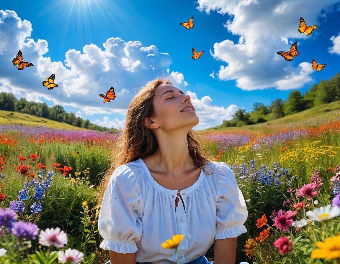 A serene landscape featuring a woman named Alicia, basking in a sunlit meadow filled with vibrant wildflowers, embodying joy and positivity. She is surrounded by colorful butterflies and soft, fluffy clouds, radiating warm light. Include elements of tranquility like a gentle breeze and twinkling stars in a clear blue sky. This scene captures the essence of living joyfully and embracing bliss. super-realistic. vibrant colors. tranquil atmosphere.